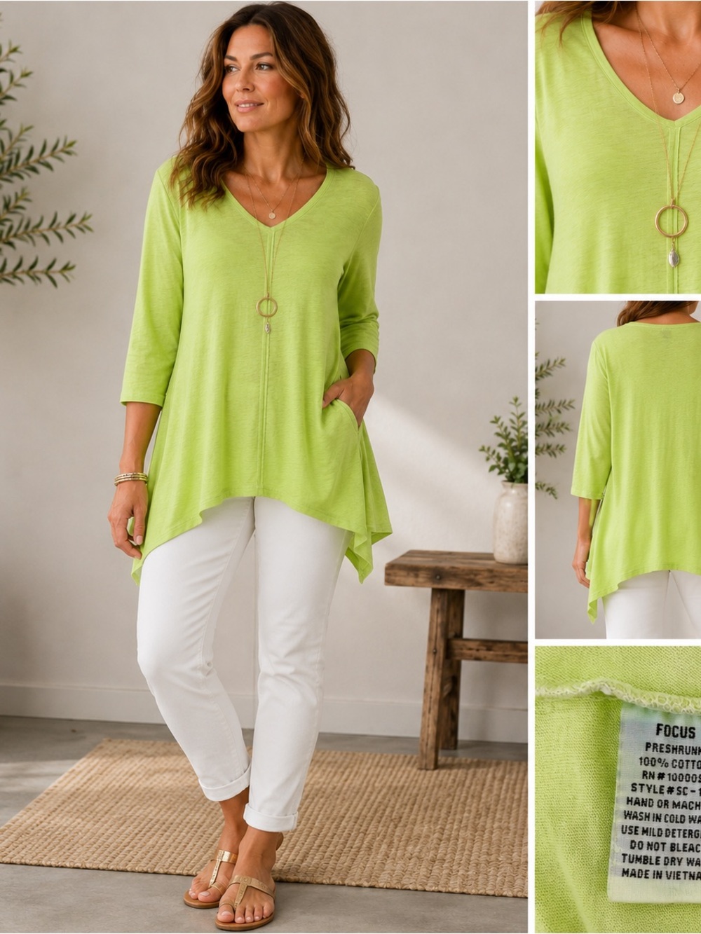 Focus Lime Green Cotton Tunic Top Asymmetrical Hem size M Lagenlook Artsy